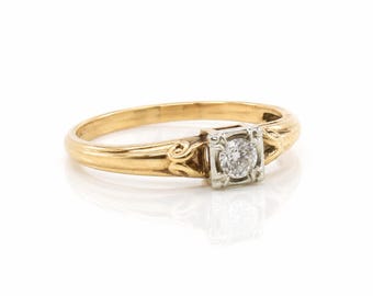 Antique Edwardian Diamond Ring 14K 18K Gold European Cut Solitaire Size 4.5