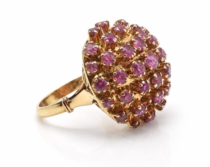 Vintage 14K Gold Ruby Bombe Ring, 37 Natural Rubies, Mid-Century Estate