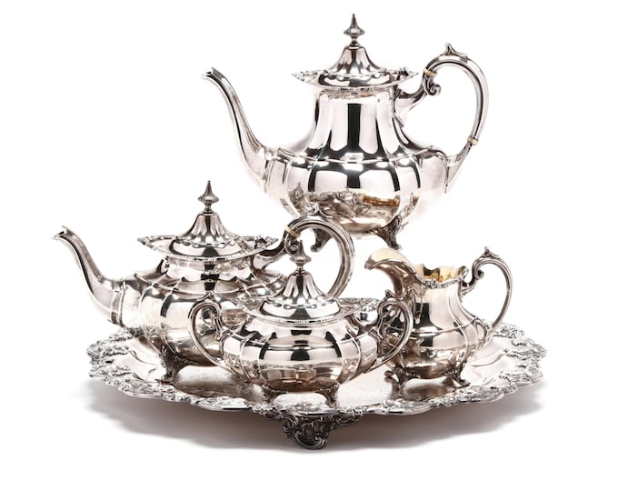 Estate Silver Coffee Service Vintage 925 Solid Sterling Silver Reed & Barton Hampton Court Coffee Pot Tea Pot Creamer Sugar with Lid
