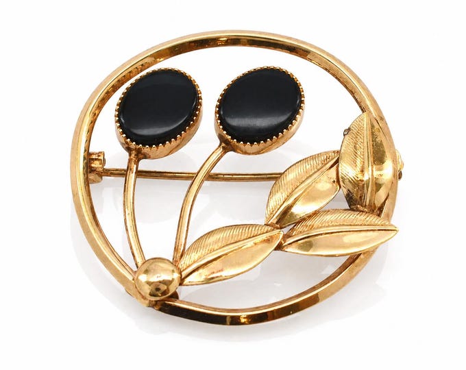 14K Gold Onyx Floral Brooch, Vintage Estate Pin
