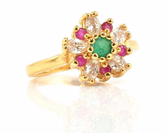 14K Gold Emerald Ruby CZ Floral Cluster Ring Victorian Style Size 7.5
