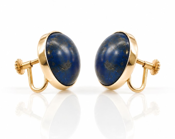 Vintage 14K Gold Lapis Lazuli Screw-Back, Bezel-Set Earrings