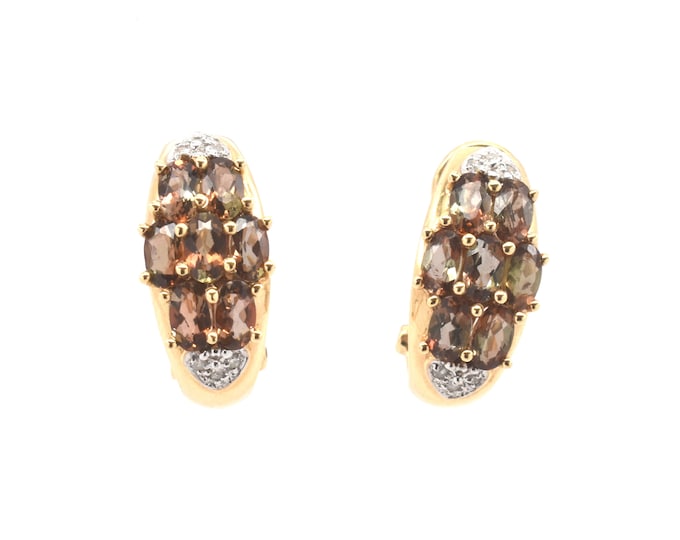Estate Gemstone Earrings Vintage 14K Solid Yellow Gold Natural Smoky Quartz Diamonds Omega Clasp 70.4 Carats Holiday Gift