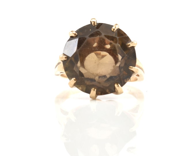 Estate Quartz Ring Vintage 14K Solid Yellow Gold Natural Smoky Quartz 11.38 Carats Size 6.75 Holiday Gift