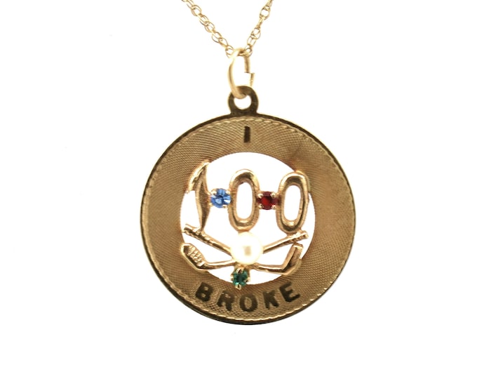 Estate Golf Charm Vintage 14K Solid Yellow Gold Golf Award Pendant I Broke 100 Colored Stones Pearl Holiday Gift