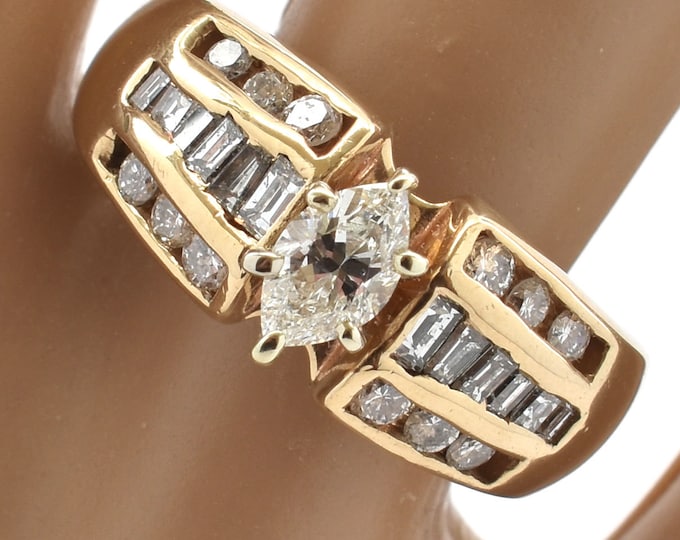 14K Solid Yellow Gold Natural Diamonds Ring Vintage Estate Marquise Round Baguette Nearly 1 Carat Total Nearly 9 Grams Size 7 Valentine
