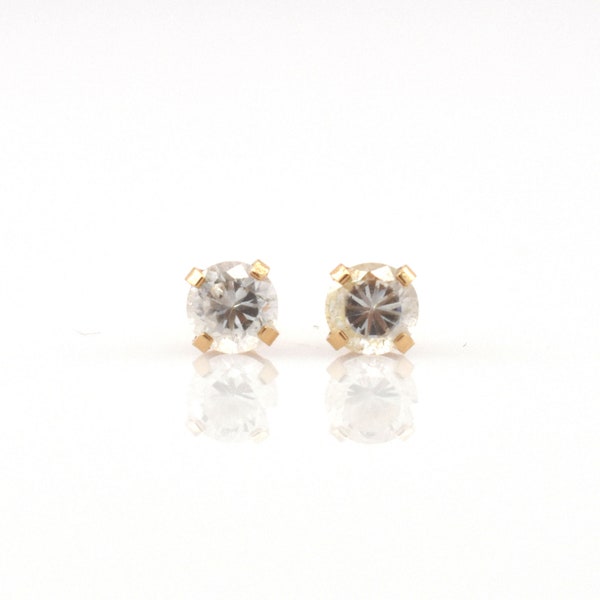 Estate CZ Earrings Vintage 14K Yellow Gold Cubic Zirconia Piercing Studs .9 Carats Total Weight 4.25 MM April Birthstone Holiday Gift