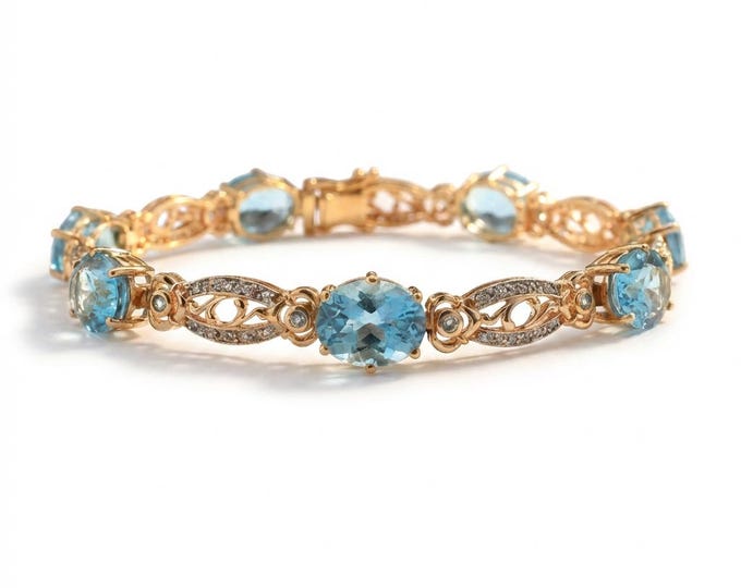 Estate Blue Topaz Diamond Tennis Bracelet 14K Yellow Gold (7.75 Inches) December Birthstone