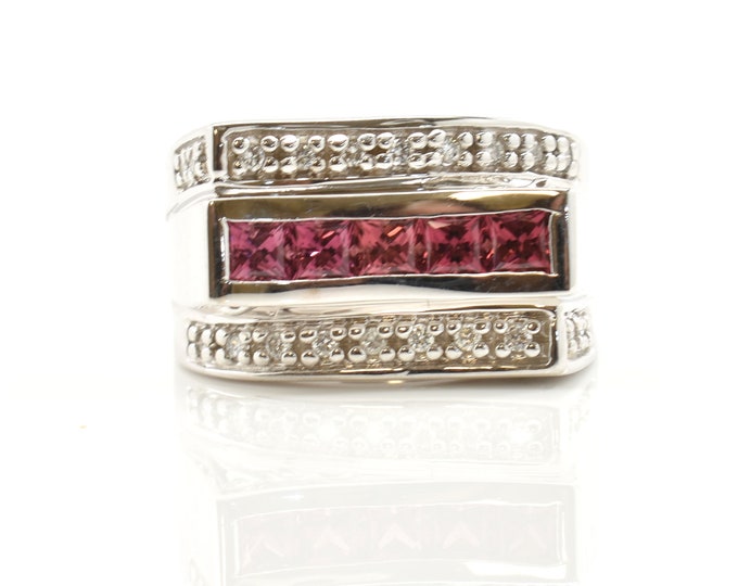 Vintage Gemstone Ring New Old Stock 14K Solid White Gold Natural Garnets Diamonds 1.45 Carats Total Size 6.5 January Birthstone Christmas