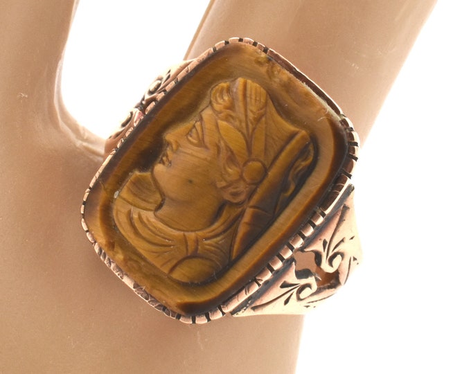 Estate 14K Solid Yellow Gold Natural Tiger's Eye Ring Vintage Carved Cameo Size 5.5 Holiday Gift