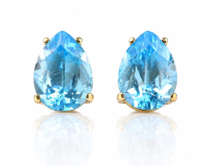 14K Gold 6.92 Ct Blue Topaz Pear Stud Earrings December Birthstone