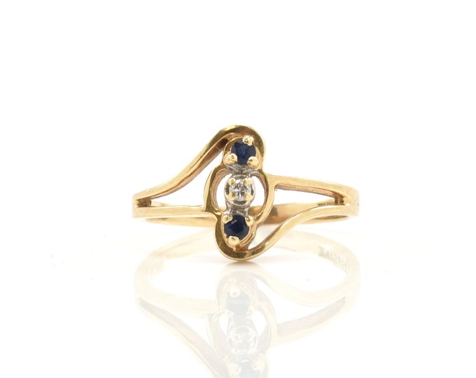Estate Gemstone Ring Vintage 14K Solid Yellow Gold Natural Sapphires Diamond Size 3.75 Signed KEEPSAKE September Birthstone Holiday Gift