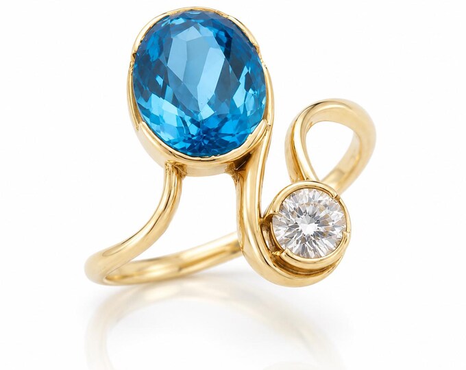 Estate 14K Gold Swiss Blue Topaz & Diamond Ring, Size 5.5