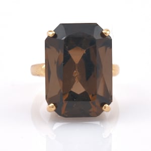 14K Solid Yellow Gold Natural Smoky Quartz Ring 15 Carats Emerald Cut Vintage Estate Over 6 Grams Size 2.5 Holiday Gift