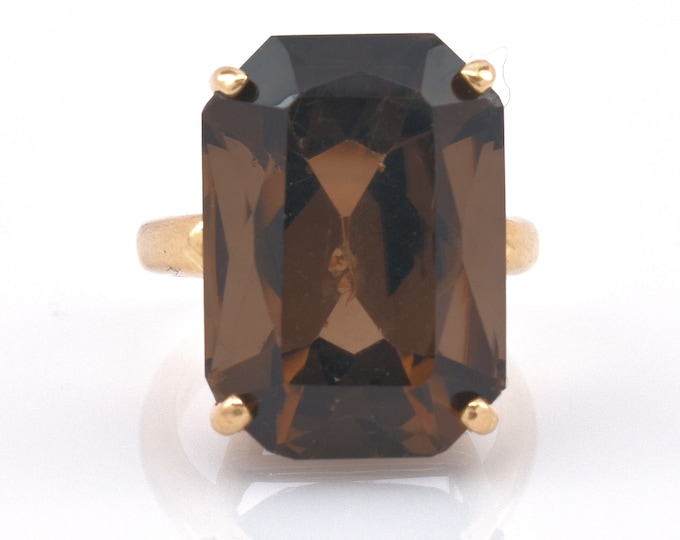 14K Solid Yellow Gold Natural Smoky Quartz Ring 15 Carats Emerald Cut Vintage Estate Over 6 Grams Size 2.5 Holiday Gift