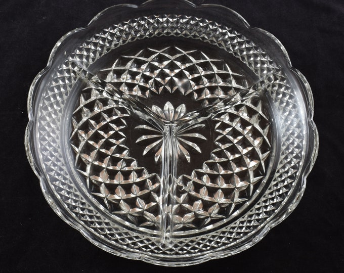 Estate Glass Dish Vintage Three Part Divided Relish Dish Pressed Pineapple Pattern Holiday Gift