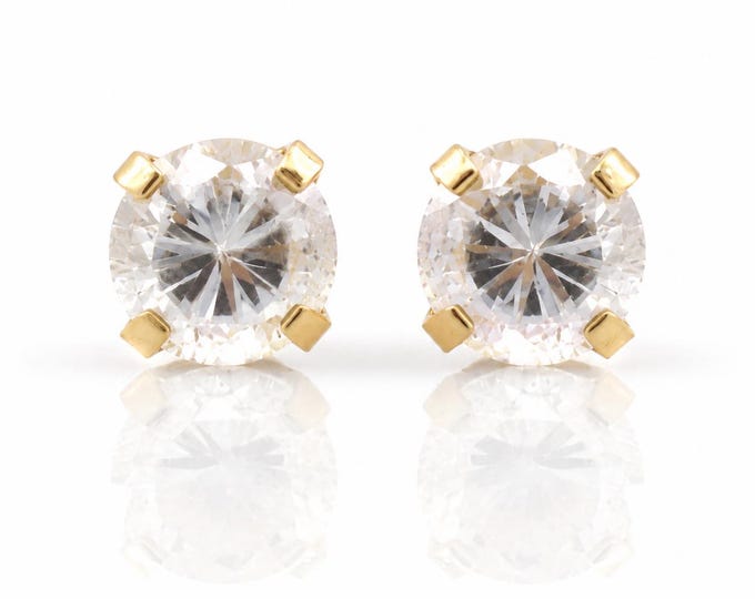 14K Gold CZ Stud Earrings Round Solitaire Minimalist Estate Pierced Gift For Her