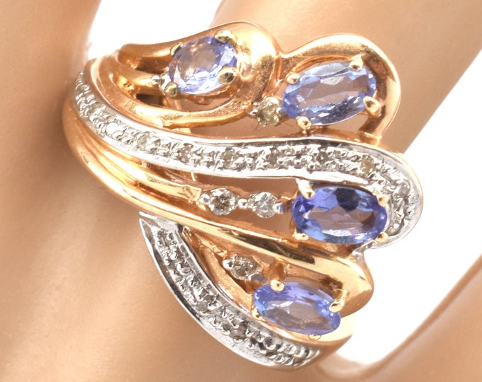 14K Solid Yellow Gold Natural Tanzanite Diamonds Ring Crown Nearly 1 Carat Total Weight Signed JCR John C. Rinker Size 6.5 Holiday Gift