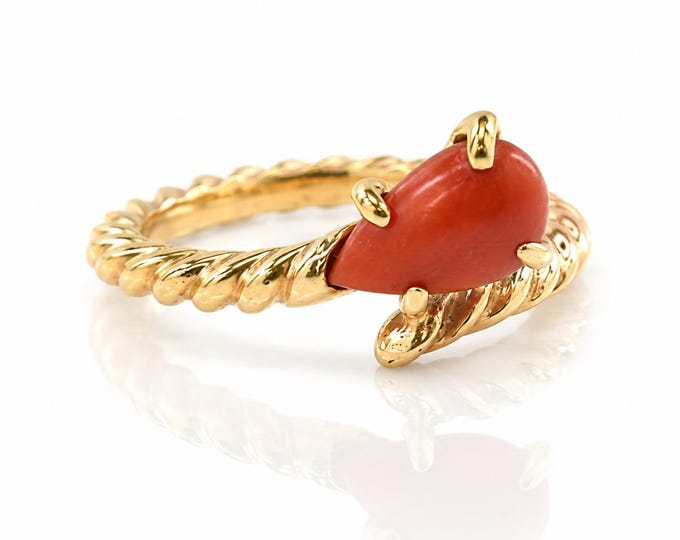 Vintage 14K Gold Coral Bypass Ring Twisted Rope Boho Estate Jewelry, Size 5.75