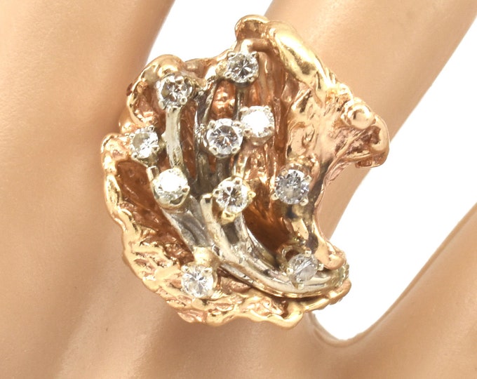 14K Solid Yellow White Gold Natural Diamond Ring Vintage Estate 10 Diamonds Over Half Carat Total Weight Heavy Size 7.5 Holiday Gift