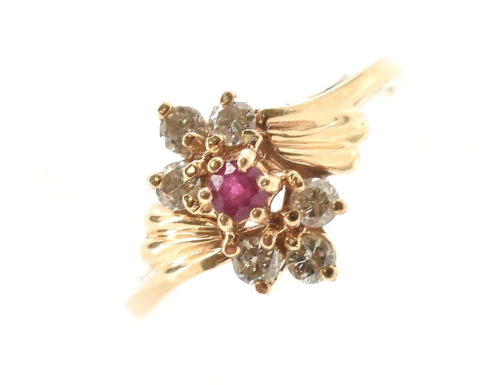 Estate Gemstone Ring Vintage 14K Solid Yellow Gold Natural Diamonds Ruby 0.36 Carat Total Weight Size 5.75 July Birthstone Holiday Gift
