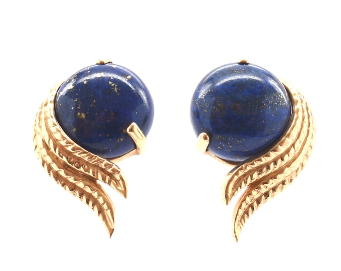 14K Solid Yellow Gold Natural Lapis Lazuli Earrings Vintage Estate Pair Feathers Over 10 Carats Total Weight Nearly 8 Grams Holiday Gift