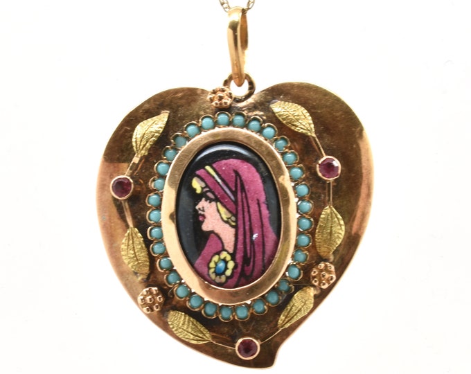 Estate Gemstone Pendant Vintage 18K Solid Yellow Gold Natural Turquoise Synthetic Rubies Over 1 Carat Total Lady Portrait Holiday Gift