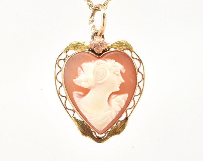 Estate Cameo Charm Vintage 14K Solid Yellow Gold Carved Natural Shell Holiday Gift