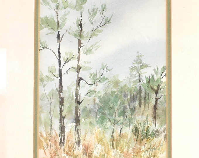 Estate Framed Painting Vintage Watercolor by Clara Zimmerman Clayton Forest View Matted Under Glass Wood Frame Holiday Gift