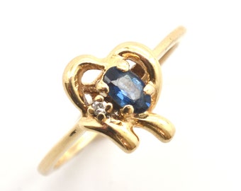Estate Gemstone Ring Vintage 14K Solid Gold Natural Sapphire Diamond Size 6 September Birthstone Holiday Gift