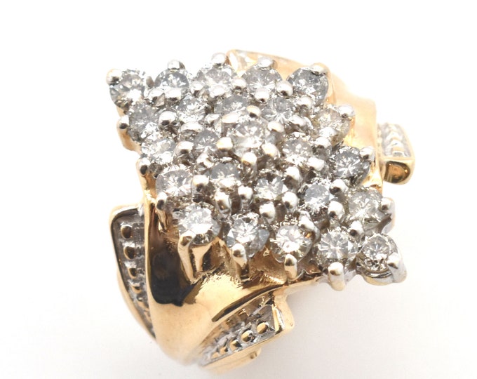 Estate 14K Yellow Gold Diamond Cluster Ring - 2 Carat Vintage Holiday Gift