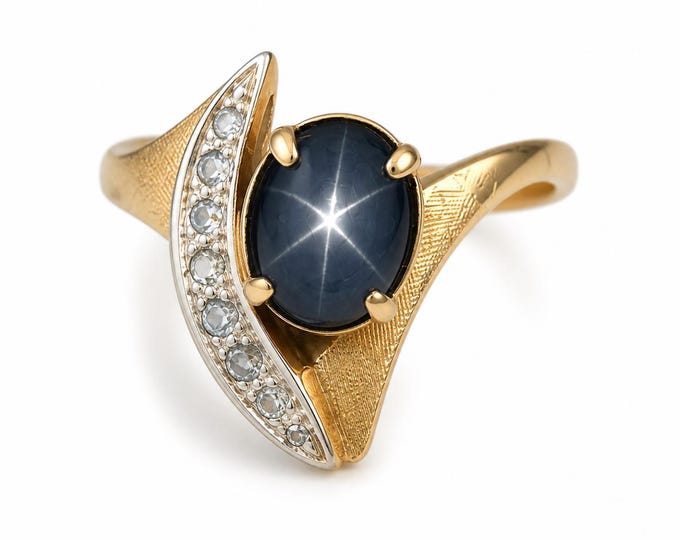 Estate 14K Yellow Gold Black Star Sapphire Ring with Diamonds, Size 4