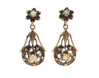 14K Solid Yellow Gold Natural Opals Earrings Antique Estate Half Carat Total Weight Over 6 Grams October Birthstone Holiday Gift