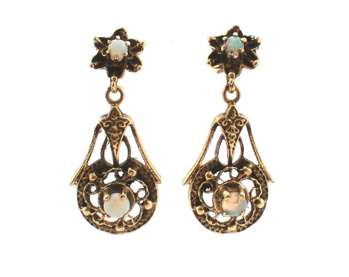 14K Solid Yellow Gold Natural Opals Earrings Antique Estate Half Carat Total Weight Over 6 Grams October Birthstone Holiday Gift