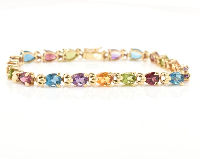 Estate Gemstone Bracelet Vintage 14K Solid Yellow Gold Natural Garnets Amethysts Peridot Citrines Blue Topaz Over 7 Inches Long Holiday Gift