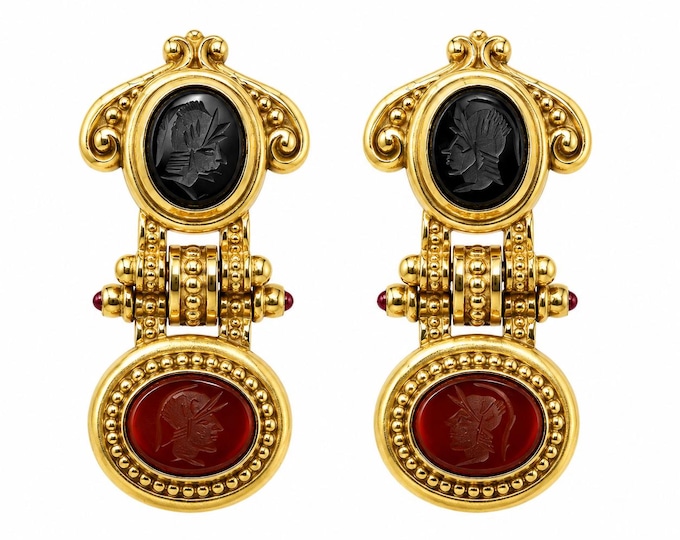 14K Gold Roman Intaglio Onyx Carnelian Victorian Revival Clip On Dangle Earrings