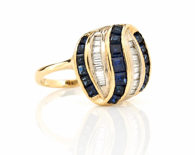 Estate 18K Gold Sapphire Diamond Ring, Size 7.5
