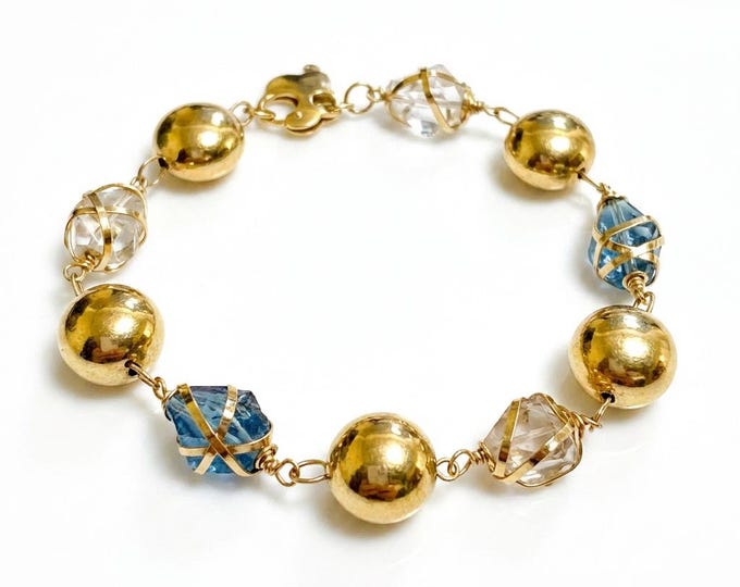 Estate 14K Gold Blue Topaz & Quartz Link Bracelet, Made in Italy