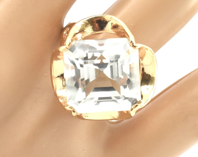 Estate Topaz Ring Vintage 14K Solid Yellow Gold Natural White Topaz 20.57 Carats Princess-Cut Size 5.75 Holiday Gift