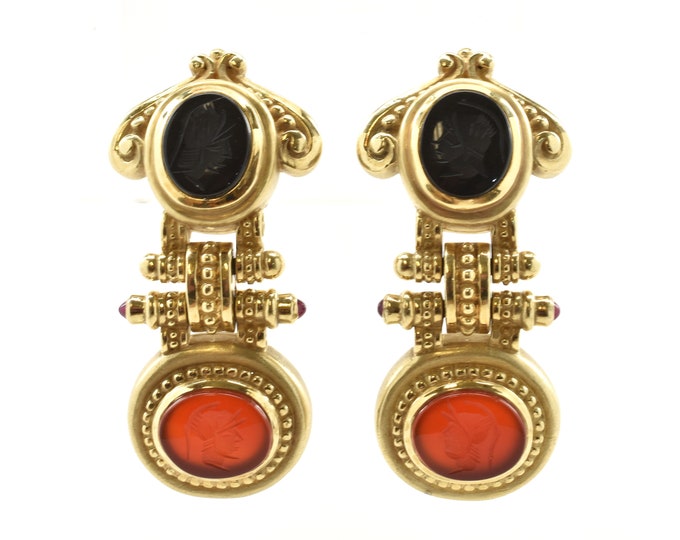 Estate Intaglio Earrings Vintage 14K Solid Yellow Gold Natural Carved Onyx Carnelian 1.228 Carats Total Clip On Holiday Gift