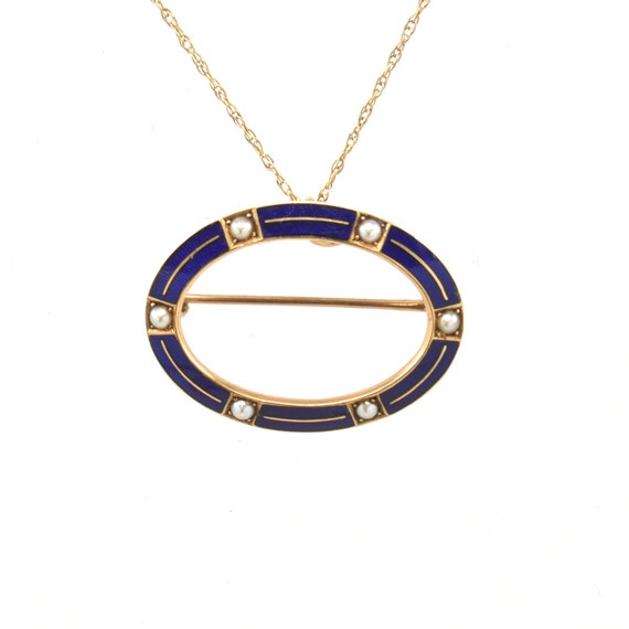 Antique Krementz 14K Gold Blue Enamel Seed Pearl Edwardian Brooch Pendant