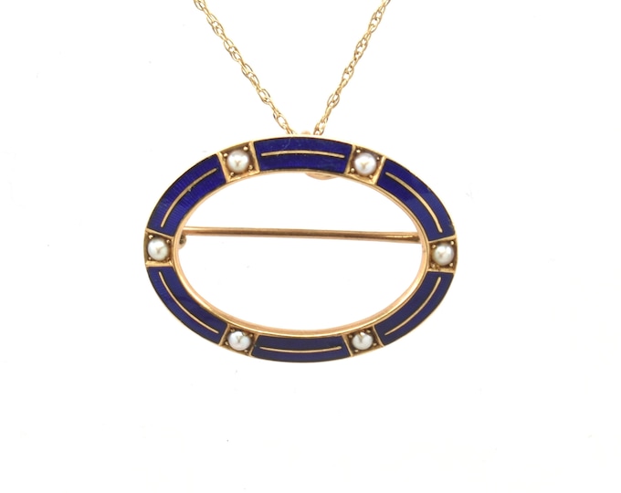 Estate Gold Pendant Brooch Vintage 14K Solid Yellow Gold Blue Enamel Seed Pearls Signed Krementz June Birthstone Holiday Gift