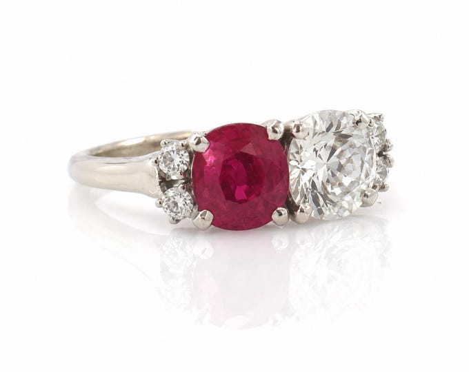 Vintage Diamond & Ruby 14K White Gold Ring, GIA Certified