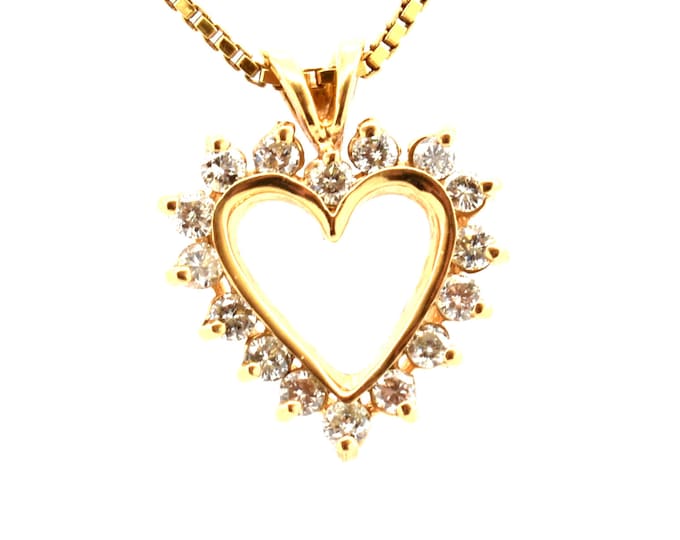 Diamond Heart Pendant 14K Solid Yellow Gold Natural Diamonds Open Heart Vintage Estate Half Carat Total Weight Holiday Gift