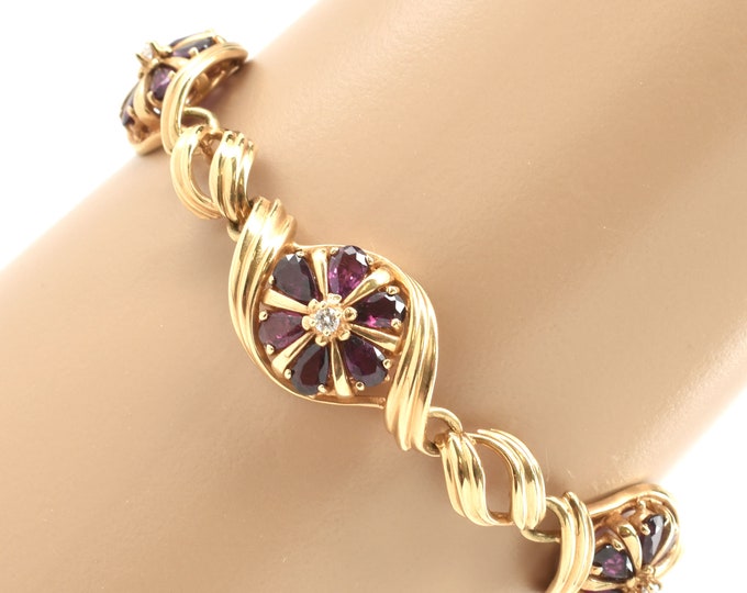 Estate Gemstone Bracelet Vintage 14K Solid Yellow Gold Natural Diamonds Purple Topaz Over 6 Carats Total Weight 7 Inches Long Valentine