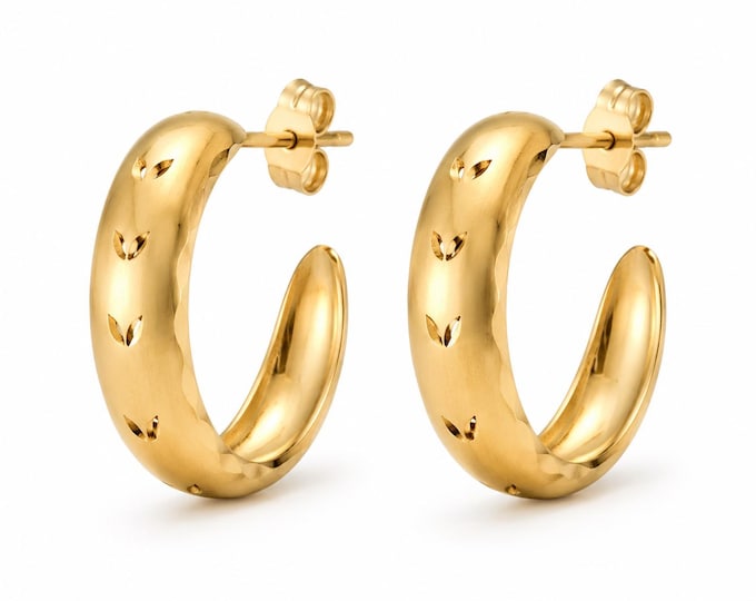 Vintage Carla 14K Yellow Gold Diamond Cut Hoop Earrings Minimalist Botanical