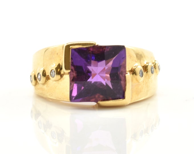 Estate Gemstone Ring Vintage 14K Solid Yellow Gold Natural Diamonds Amethyst 2.39 Carats Total Weight Size 5.5 February Birthstone Gift