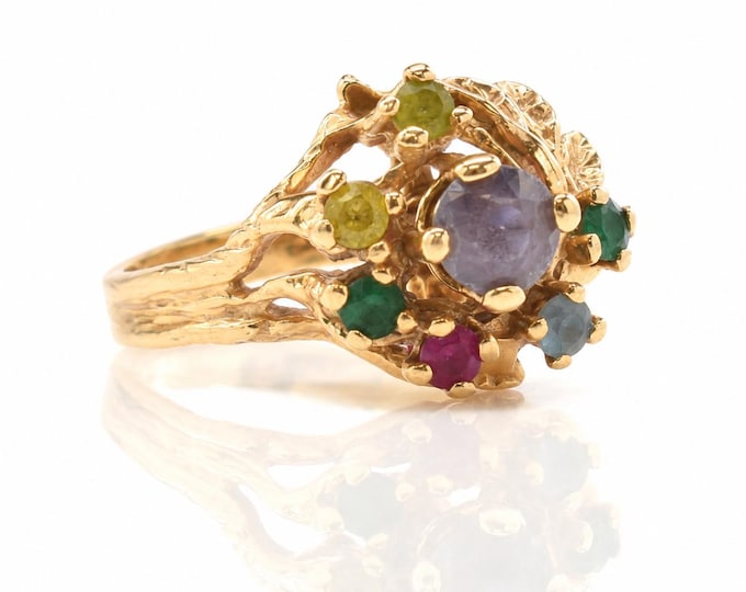 Vintage 14K Gold Multi Gemstone Branch Ring Organic Woodland Cluster Ring