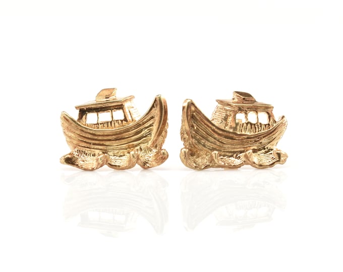 Estate Gold Earrings Vintage 14K Solid Yellow Gold Tug Boat Studs Holiday Gift