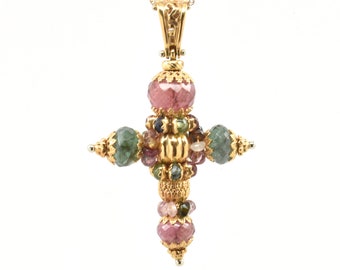 Estate Gemstone Cross Vintage 18K Solid Yellow Gold Natural Purple Tourmaline Green Tourmaline Pendant Over 2 Inches Long Holiday Gift